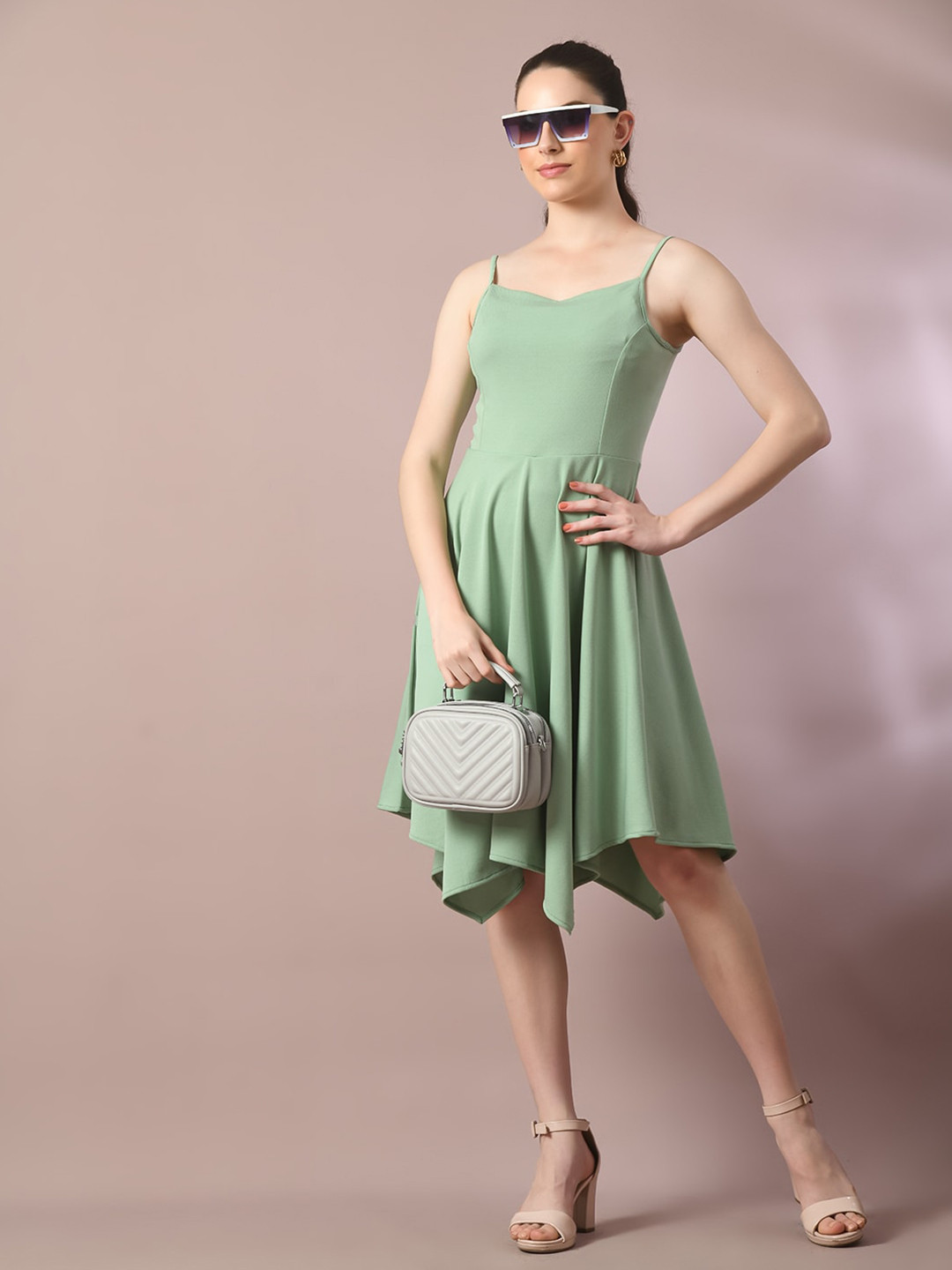 HERE&NOW Valentino Sea Green Shoulder Straps Sleeveless Fit & Flare Dress