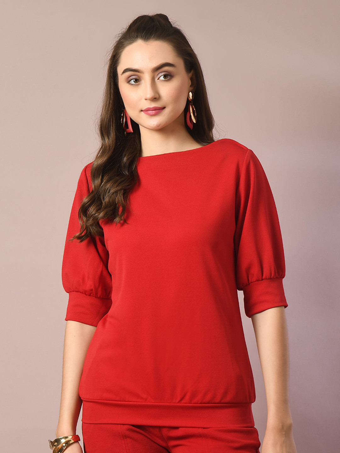 HERE&NOW Valentino Red Boat Neck Puff Sleeves Crepe Top