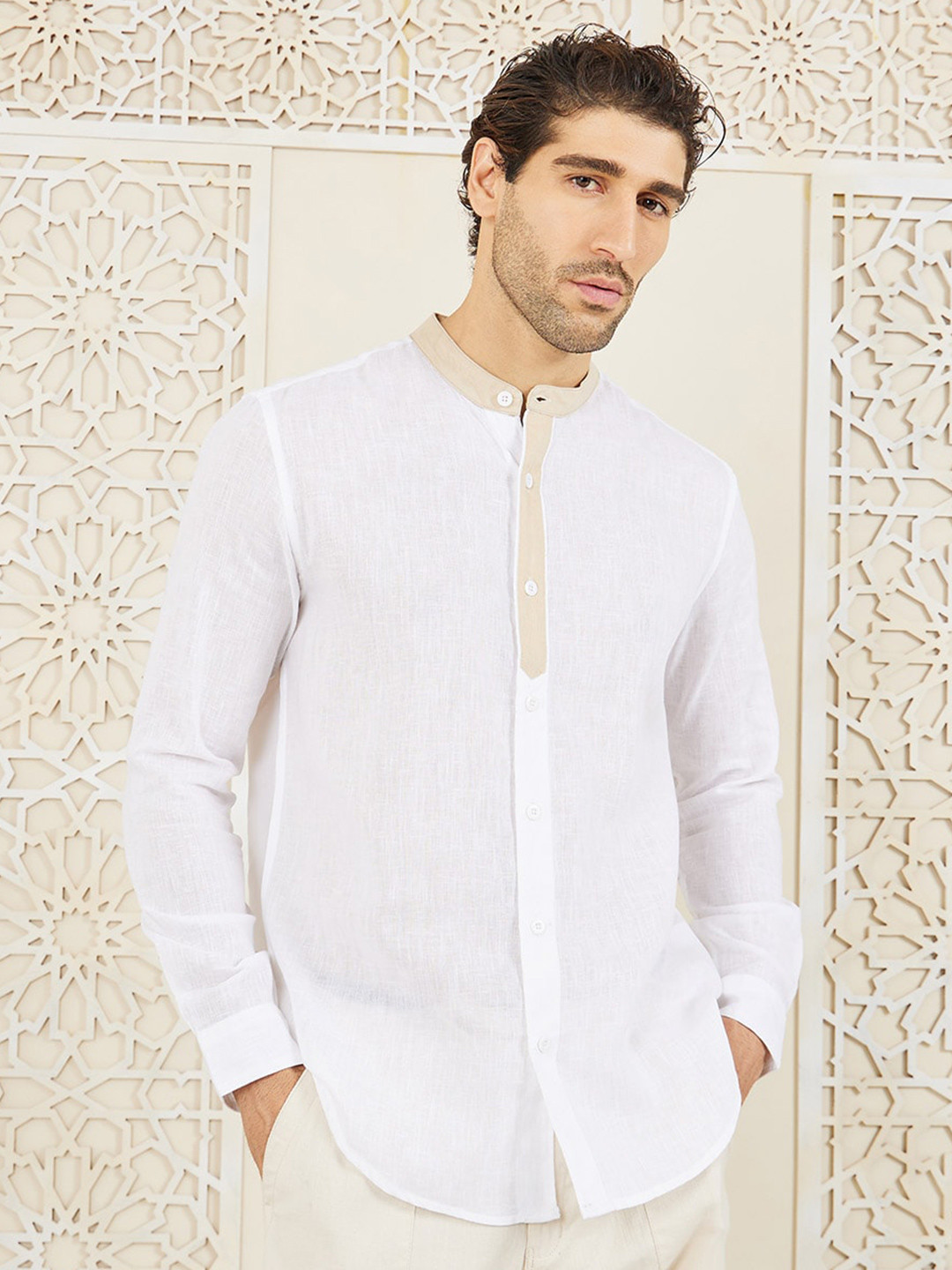 Styli Premium Cotton Slub Mandarin Contrast Detail Shirt