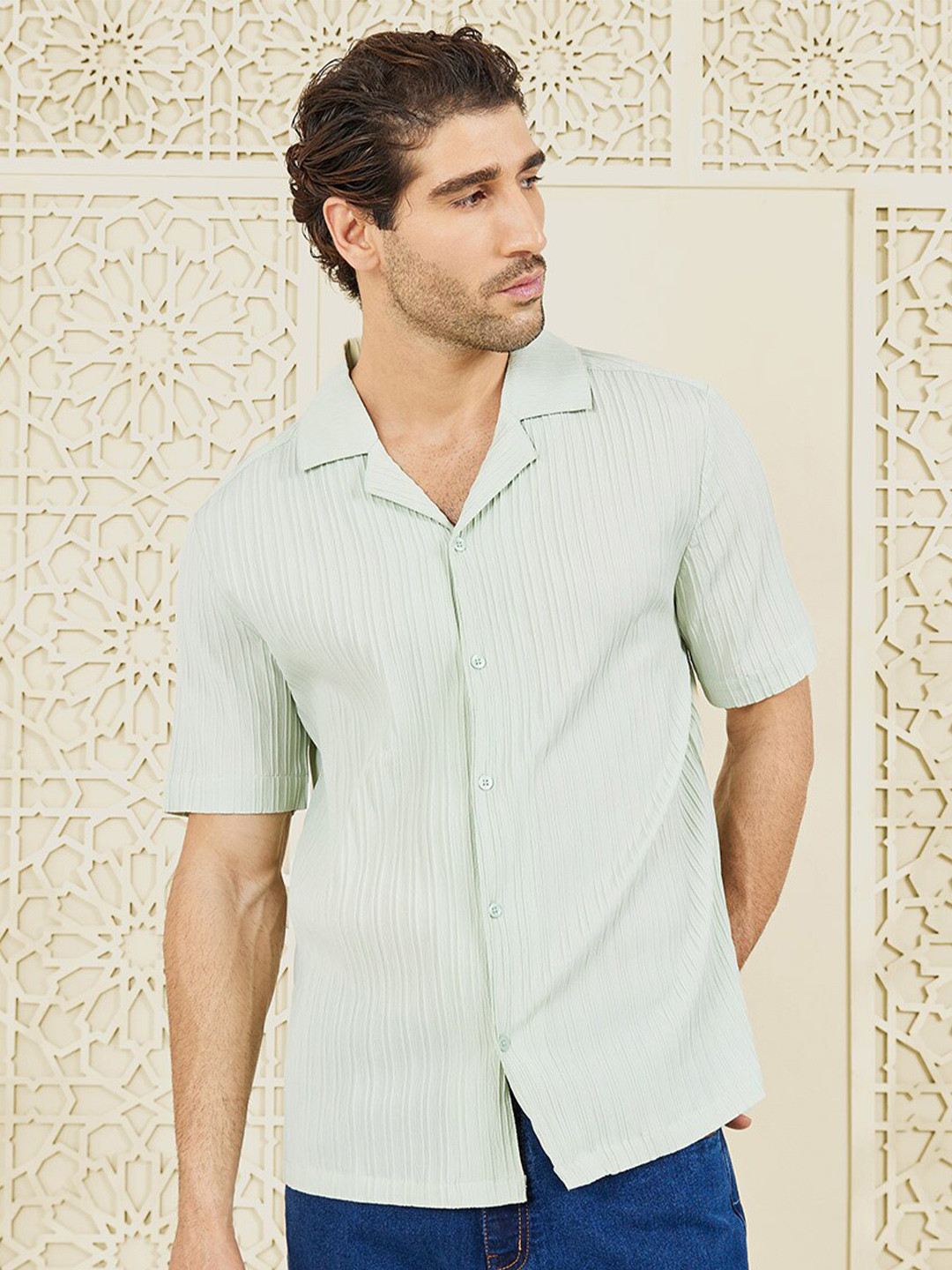 Styli Men's Green Cuban Collar Textured Woven Shirt