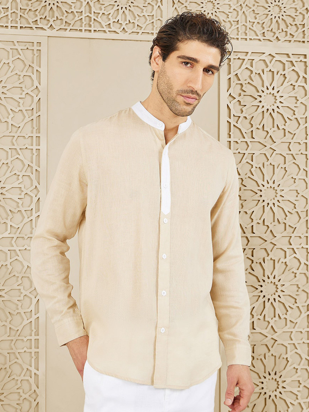 Styli Premium Cotton Slub Mandarin Contrast Detail Shirt