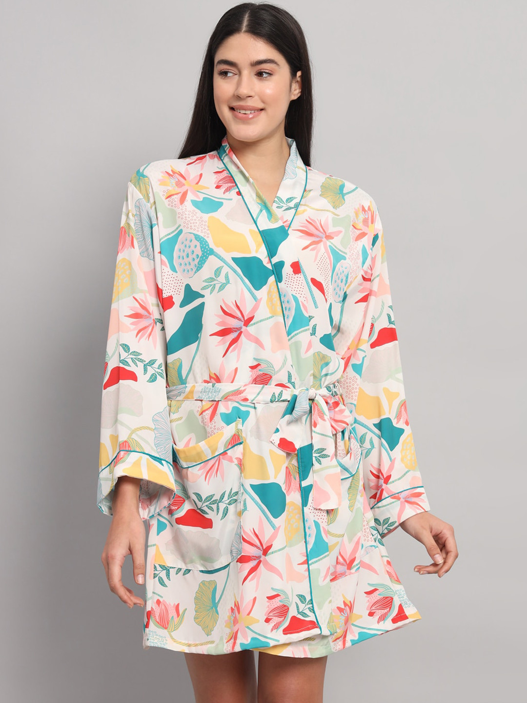 HANDICRAFT PALACE Floral Printed Satin Silk Robe