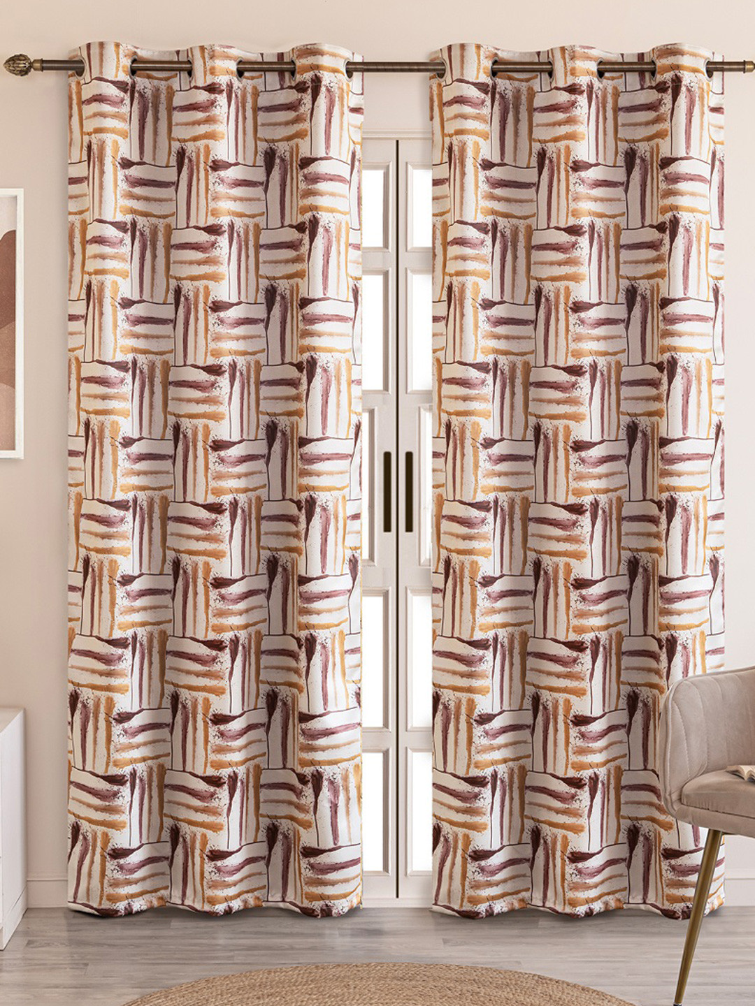 HOMEMONDE Grey & White Set of 2 Striped Black Out Door Curtain