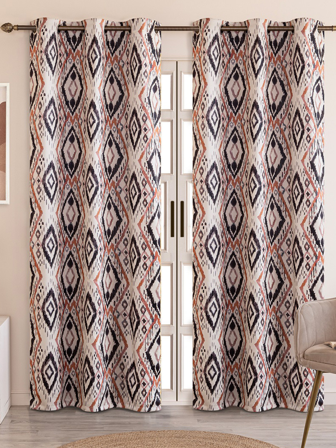 HOMEMONDE Grey & Tan Set of 2 Geometric Black Out Long Door Curtain