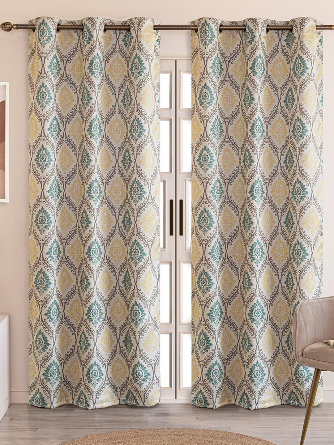 HOMEMONDE Grey & Cream-Coloured Set of 2 Black Out Door Curtain