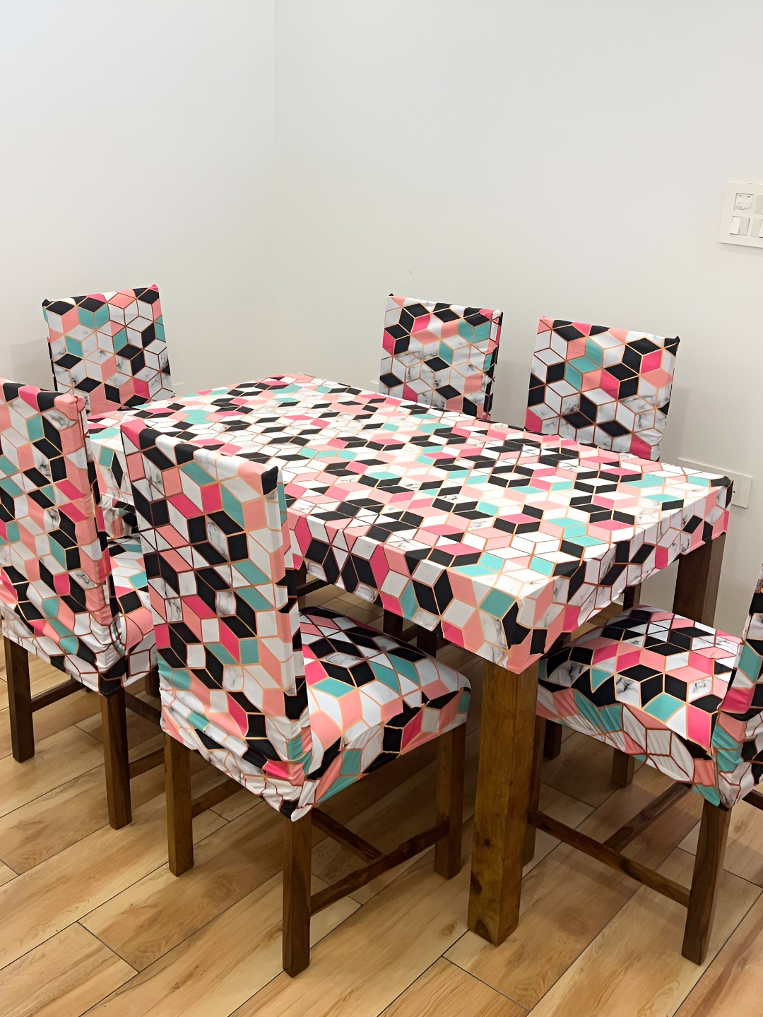 ohello 6 Pcs Multi Geometric Printed Elasticated Fitted Chair Covers With Table Cover