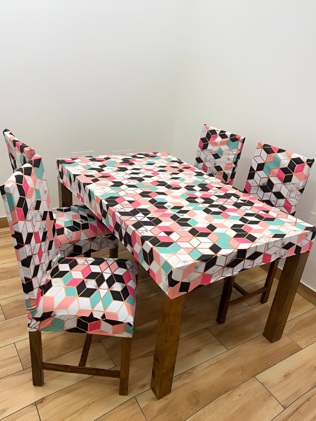 ohello 4 Pcs Multi Geometric Printed Elasticated Fitted Chair Covers With Table Cover