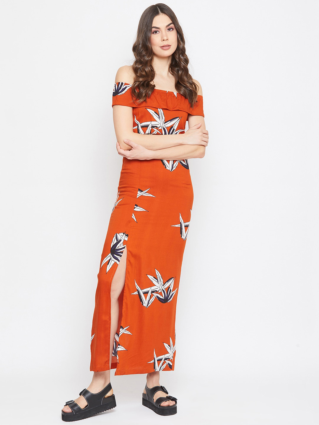 DELAN Floral Print Cold-Shoulder Maxi Dress