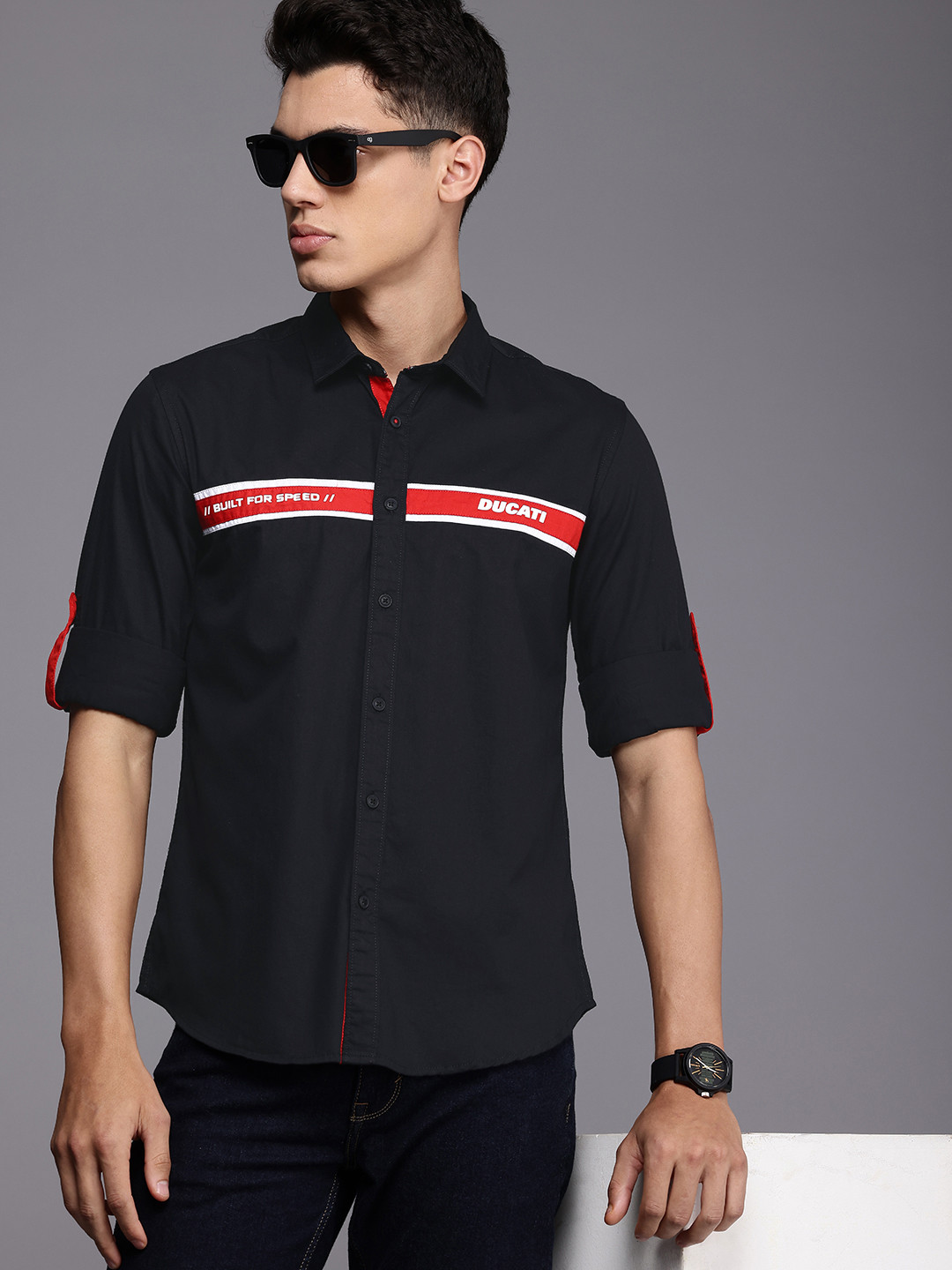 Ducati Stripe with Brand Logo Print Pure Cotton Casual Shirt