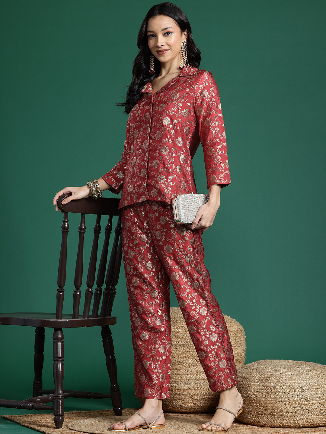 Sangria Woven Design Floral Ethnic Jacket and Trouser Co-Ord Set