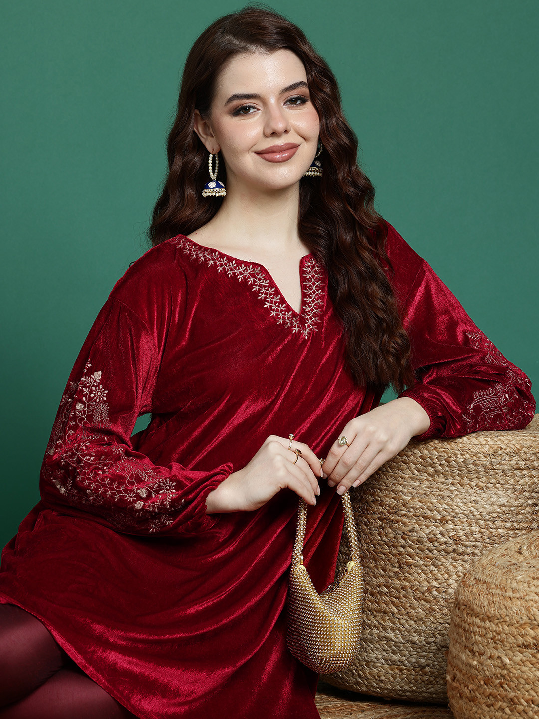 Sangria Velvet Finish Embroidered Thread Work Kurta with Trousers