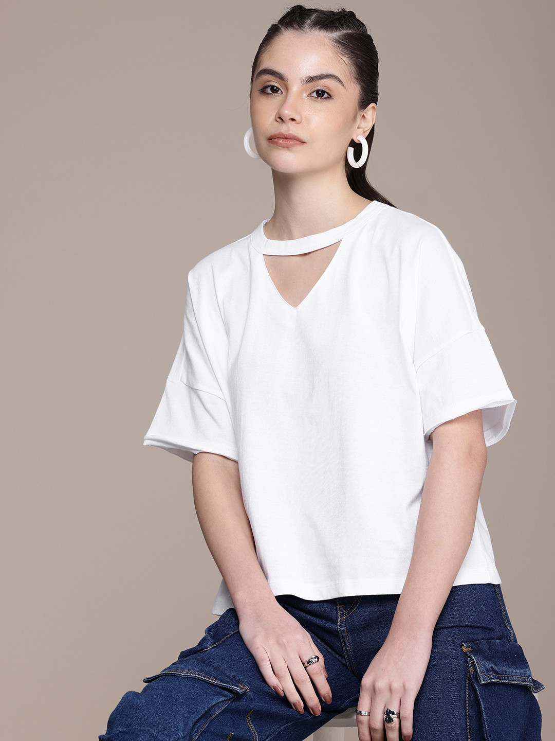 The Roadster Life Co. Solid Drop Shoulder Sleeves Cut Out Top