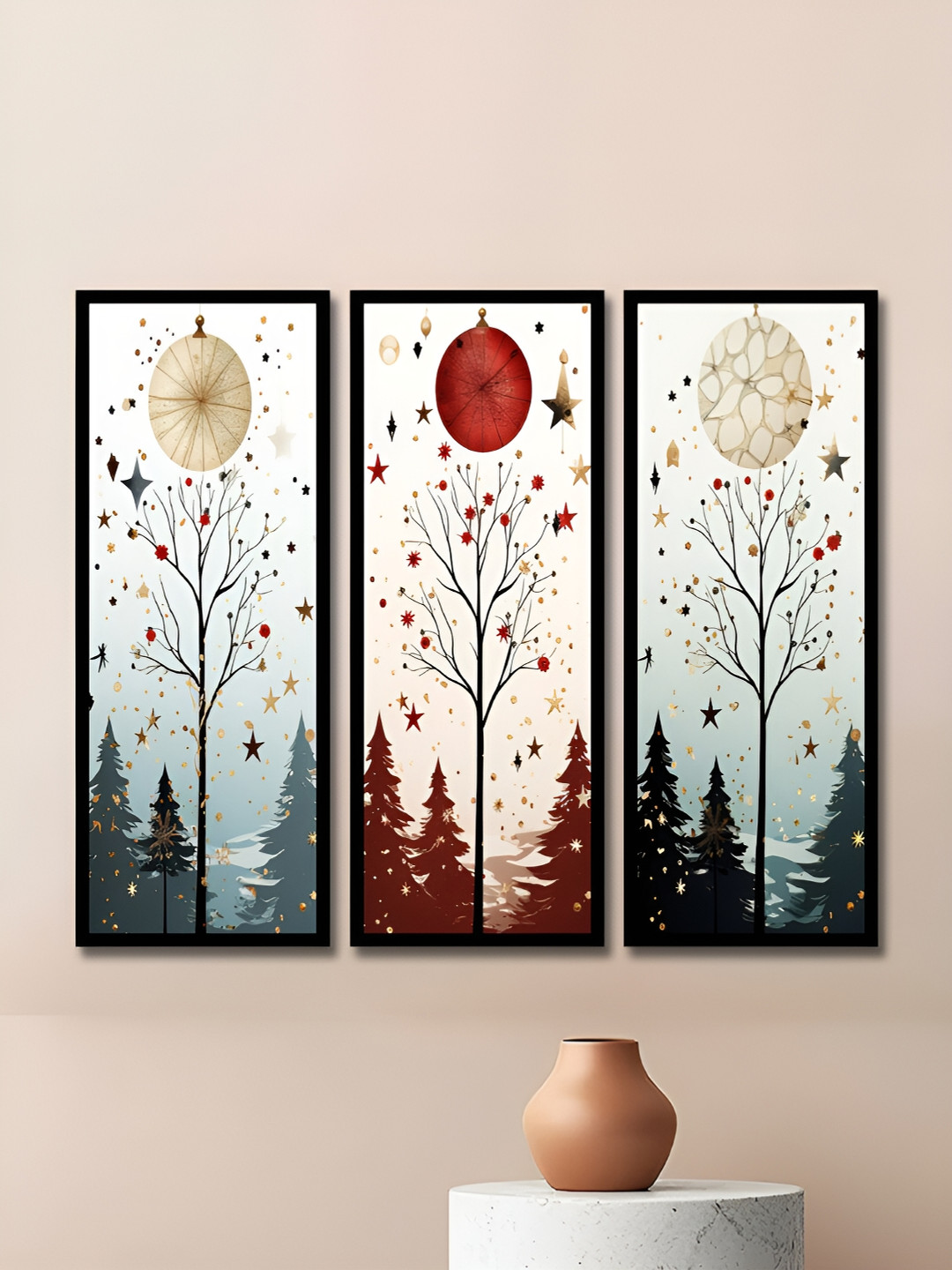 WENS Nigh Snow Synthetic Wood 3 Piece Wall Rectangle Paintings Wall Art -14 x 6 In