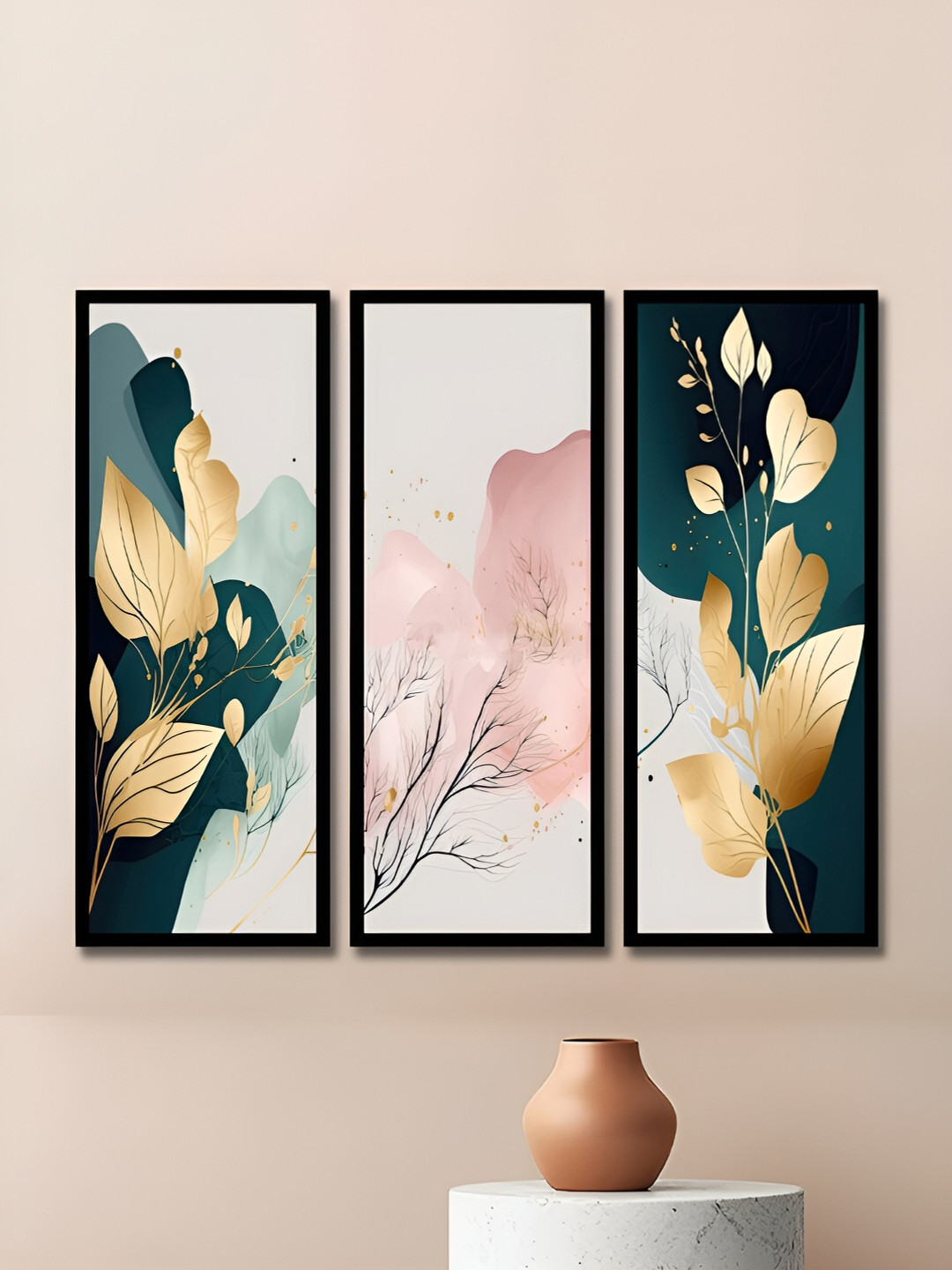 WENS Flower Synthetic Wood 3 Pcs Living Room Rectangle Paintings Wall Art -16.93 x 6.89In