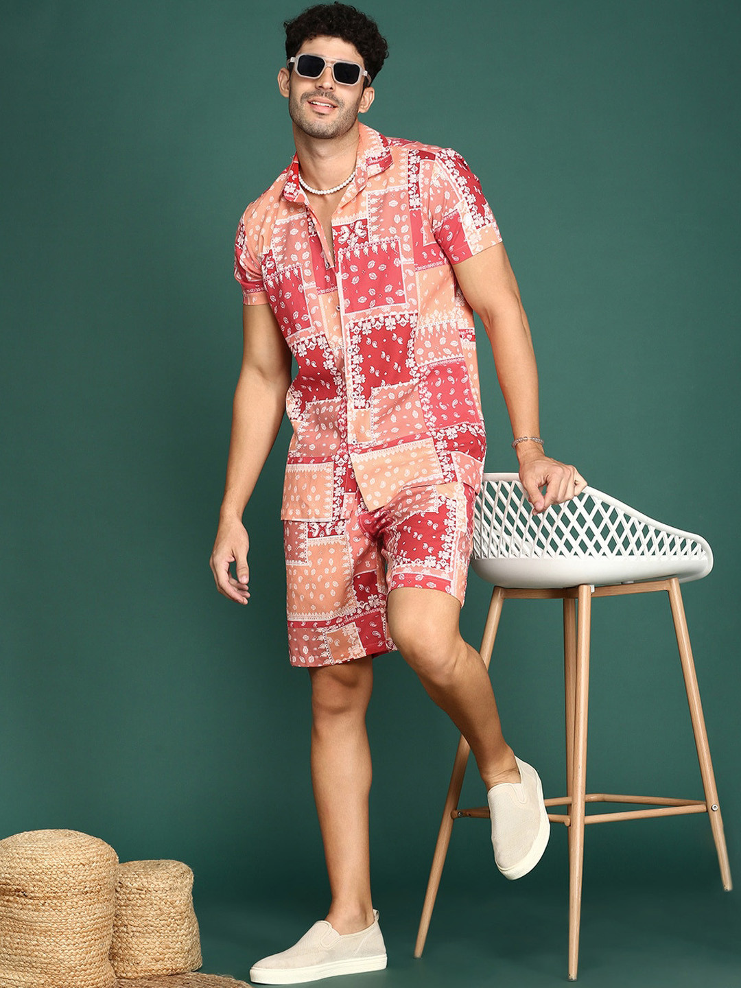 Sangria Geometric Printed Half Sleeves Shirt With Shorts Co-Ords