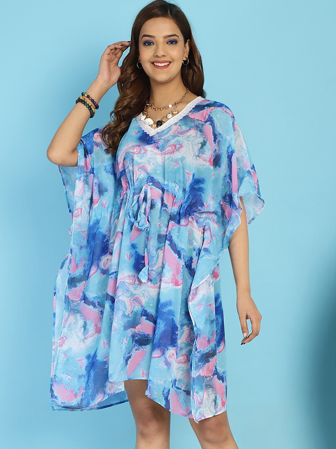 Secret Wish Abstract Printed Gathered & Lace-Insert Detail Swimwear Cover-Up Kaftan Dress