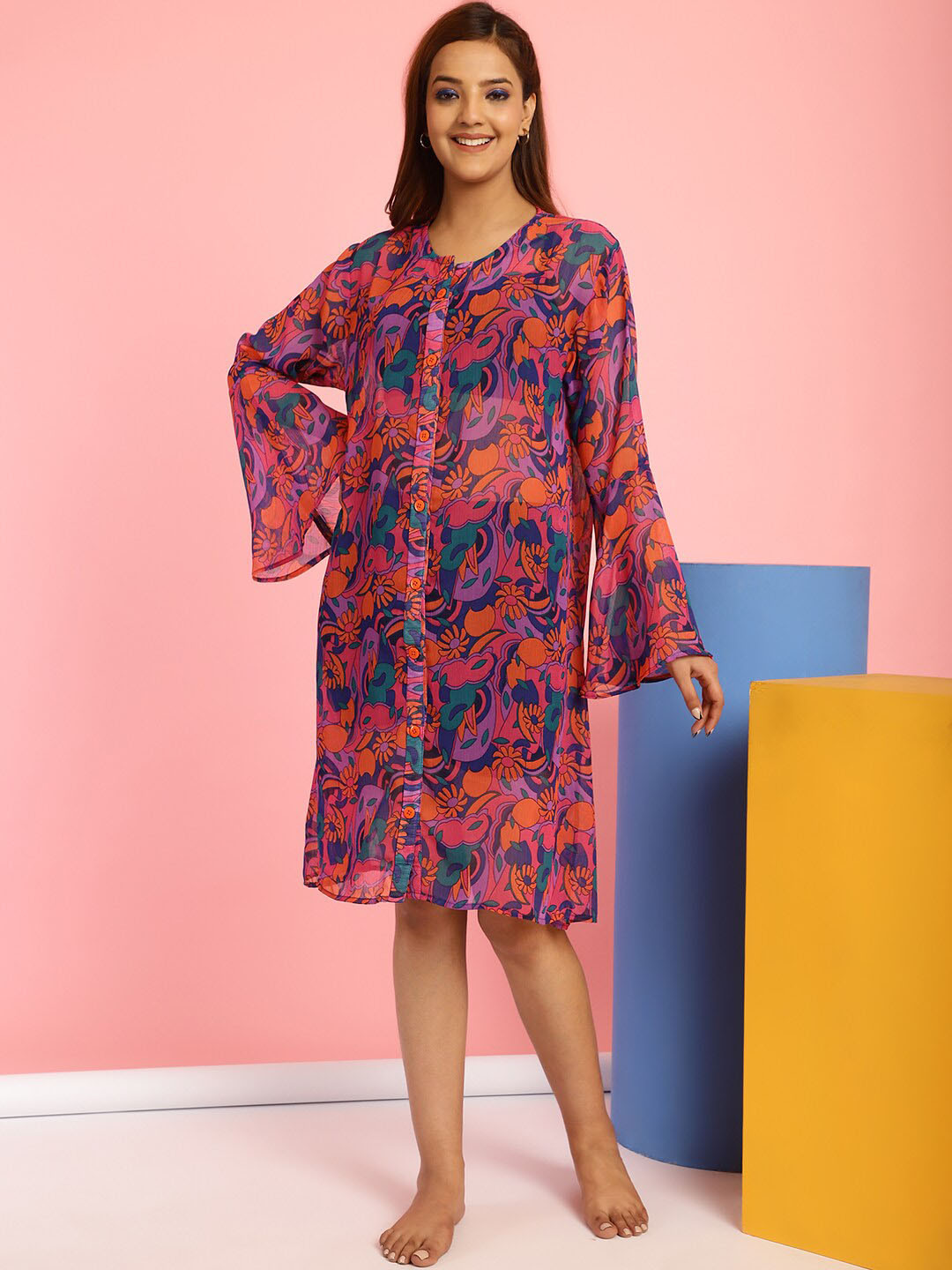 Secret Wish Floral Printed Bell Sleeve Swimwear Cover-Up Shirt Dress