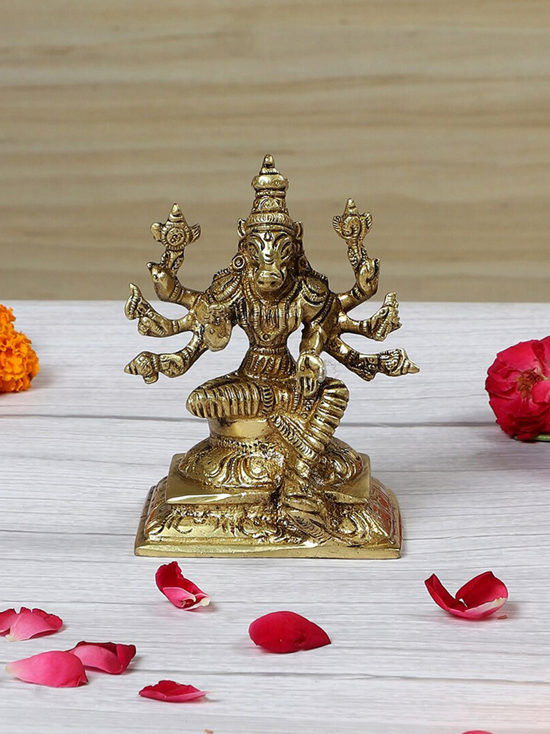 Two Moustaches Varahi Amman Gold Brass Metallic Prayer Room Small Showpiece - 4.4 Inches