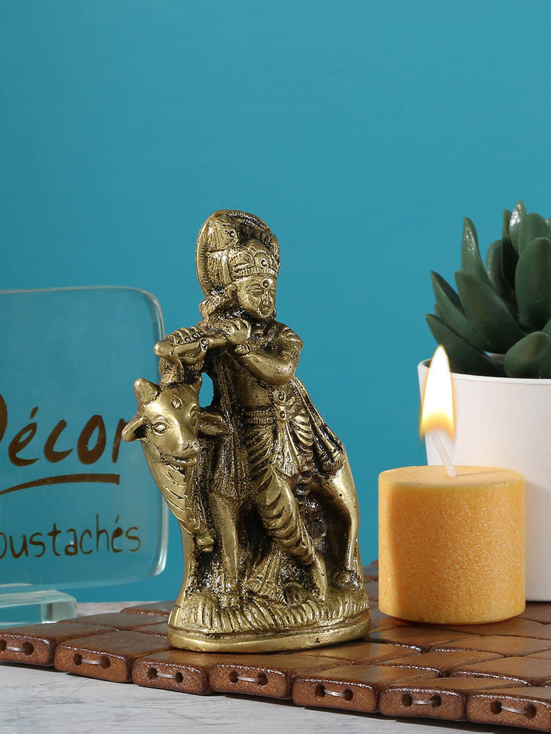 Two Moustaches Flute Krishna with Cow Gold Brass Glossy Prayer Room Hand Made Small Showpiece - 4.1 Inches