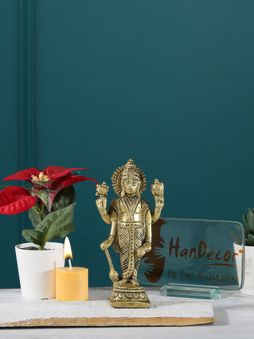 Two Moustaches Standing Lord Vishnu Holding Club Gold Brass Metallic Living Room Small Showpiece - 5.9 Inches