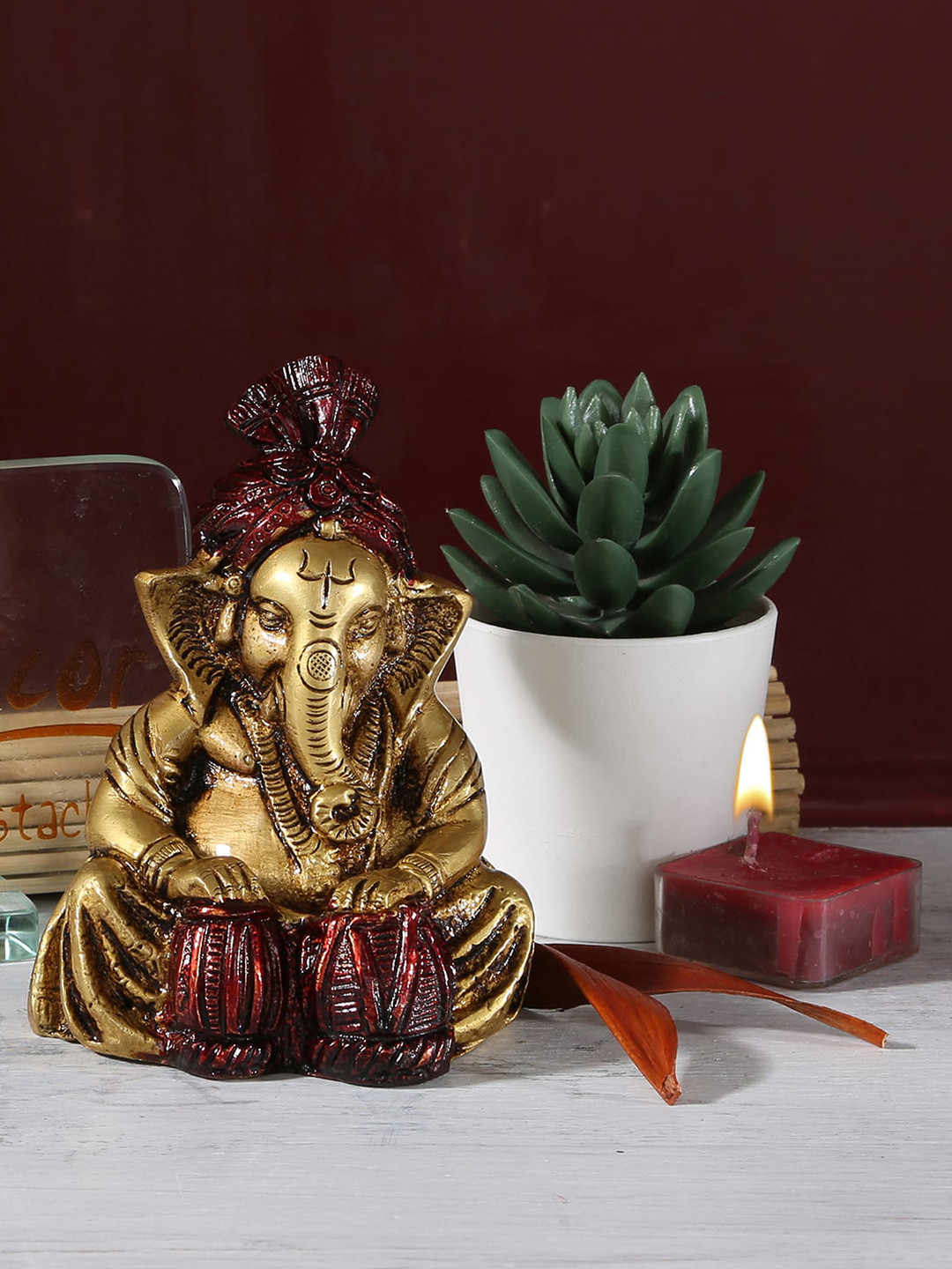 Two Moustaches Ganesha Playing Tabla Gold Brass Metallic Prayer Room Small Showpiece - 4.5 Inches