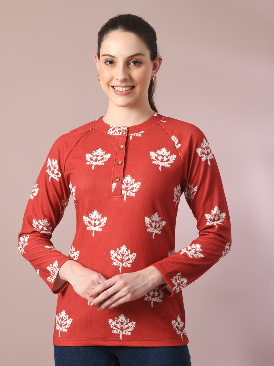 Myshka Floral Printed Band Collar Raglan Sleeves Top