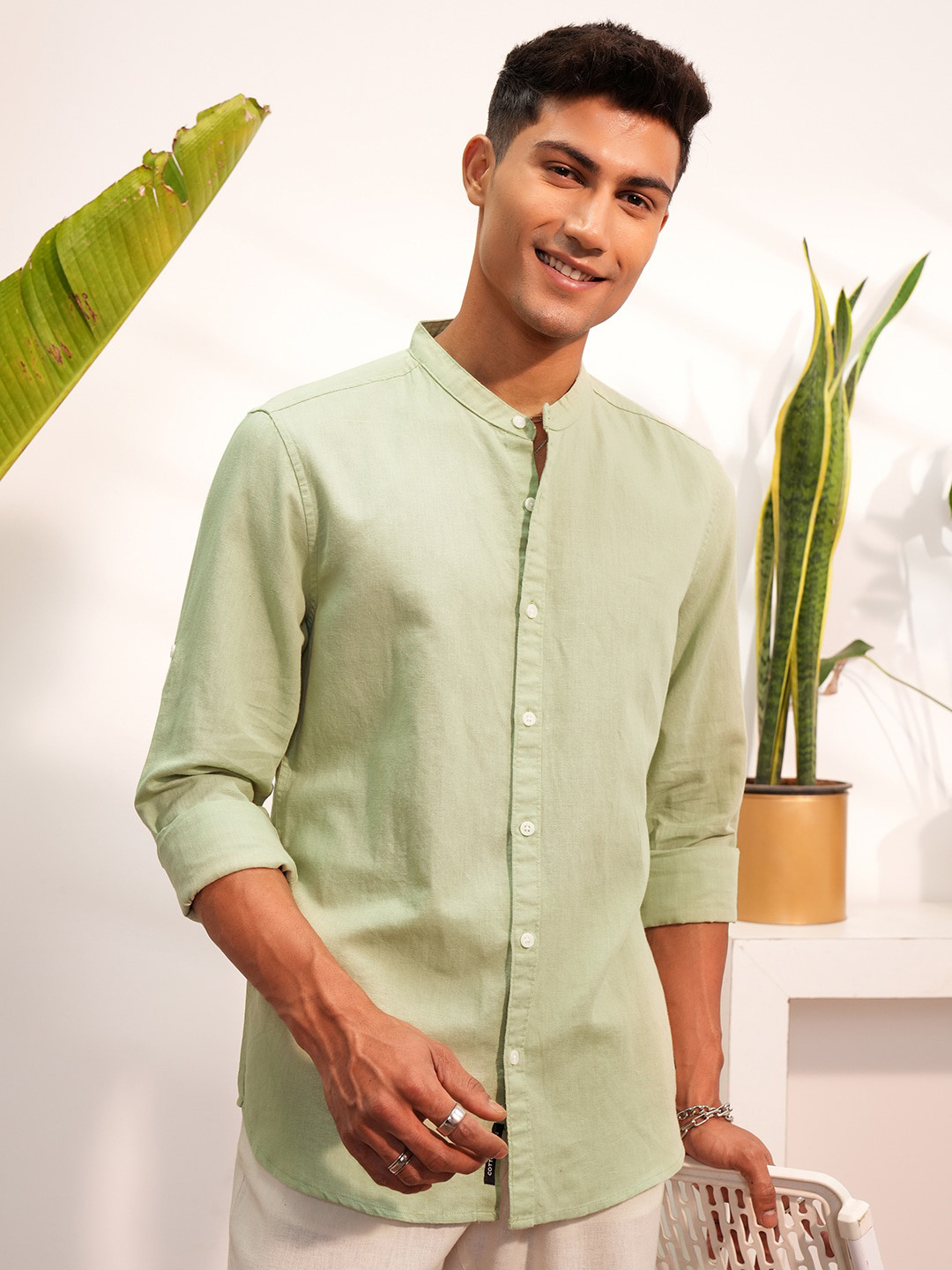 LOCOMOTIVE Premium Cotton Linen Mandarin Collar Roll-Up Sleeve Casual Shirt