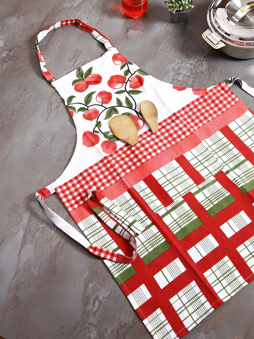 Soumya Red & White Printed Cotton Apron
