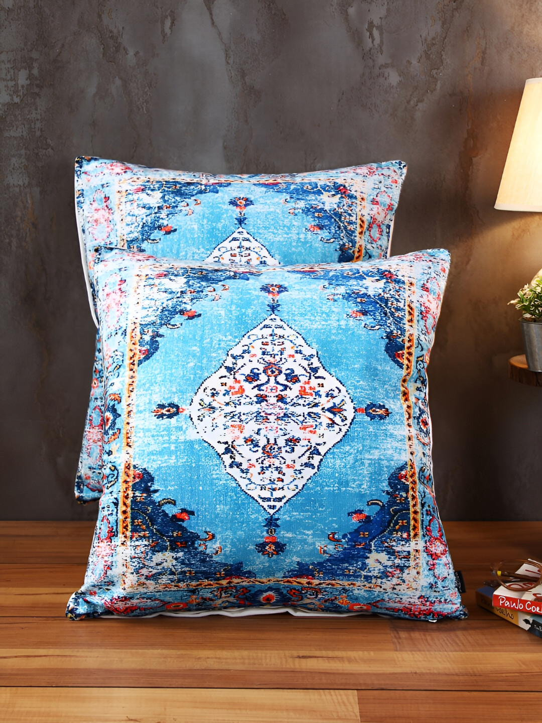 Soumya Abstract Turquoise Blue Ethnic Motifs Cotton 2 Piece Square Cushion Covers -24x24In