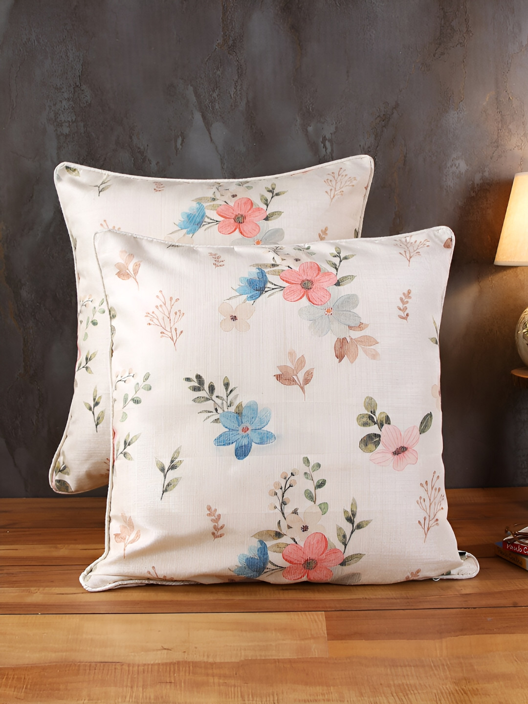 Soumya White & Blue 2 Pieces Floral Textured Cotton Square Cushion Covers