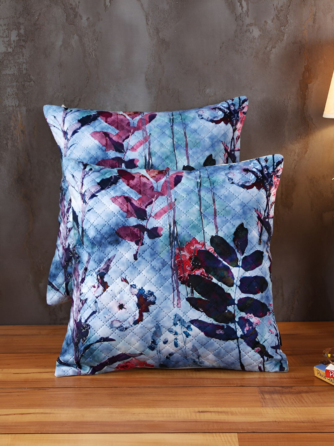 Soumya Blue Leaf Polycotton Durable 2 Piece Square Cushion Covers -16x16In