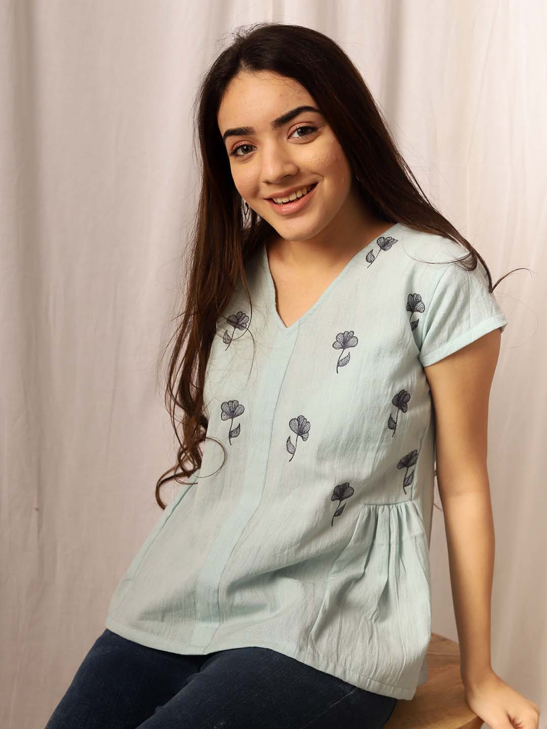 SPARROW Floral Embroidered Gathered V-Neck Cotton A-Line Top