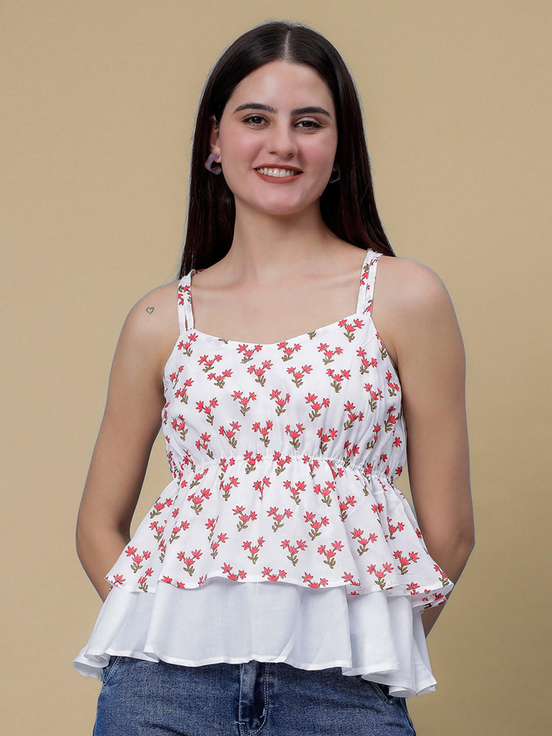 SPARROW Floral Printed Layered Block Print Peplum Top