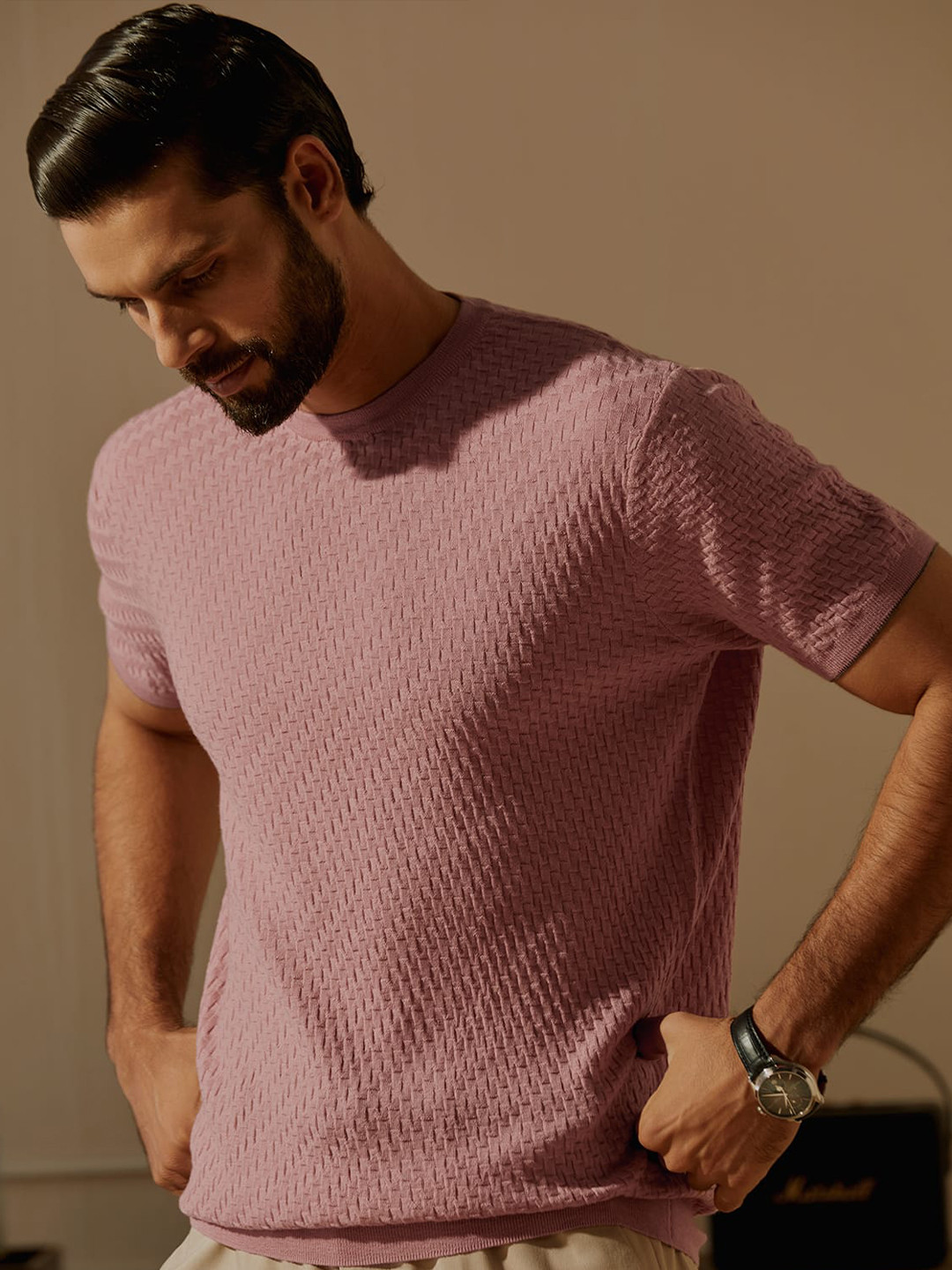 Andamen Self Design Crew Neck Short Sleeves Merino Woollen Regular T-shirt