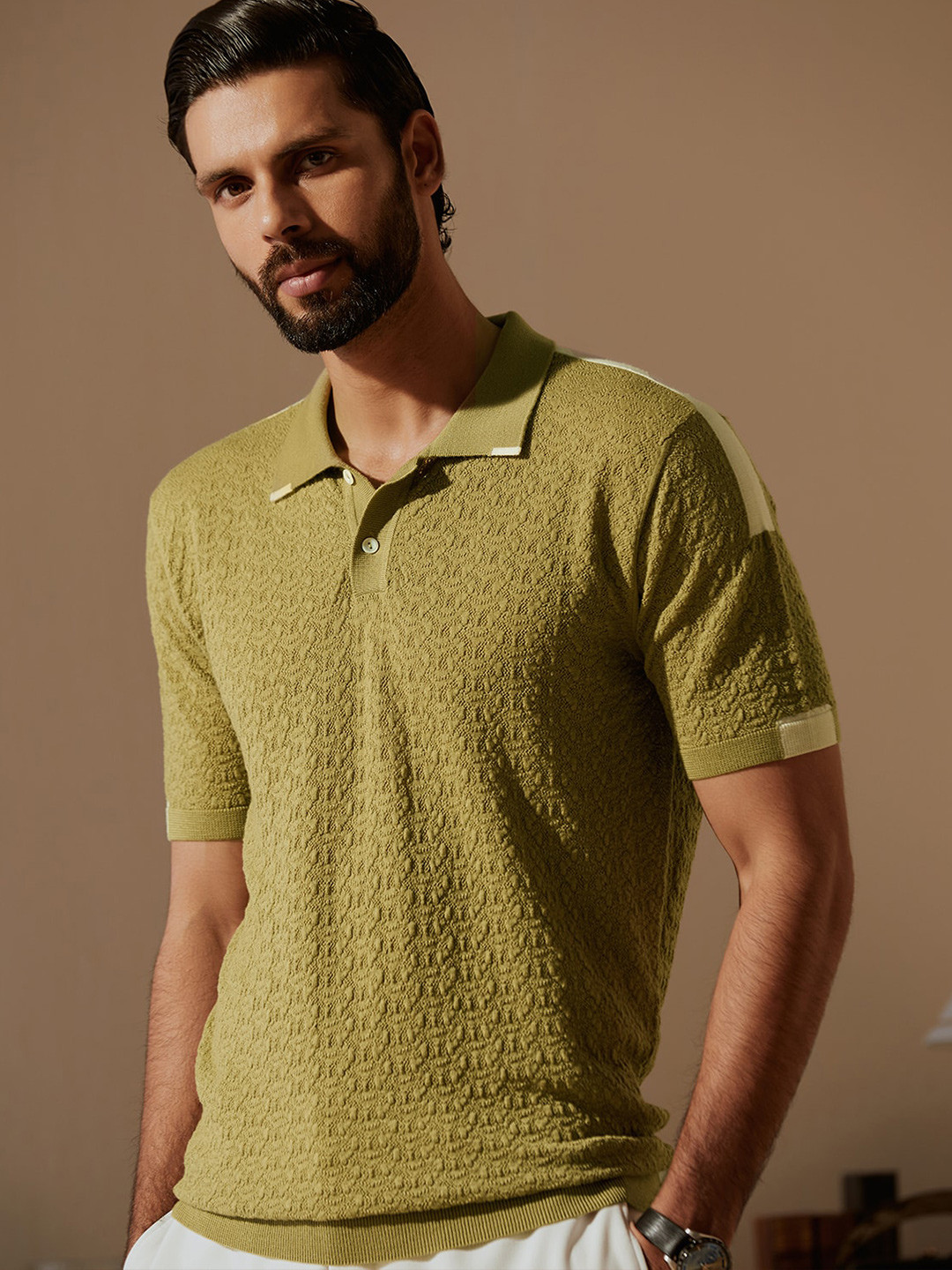 Andamen Self Design Polo Collar Short Sleeves Merino Woollen Regular T-shirt