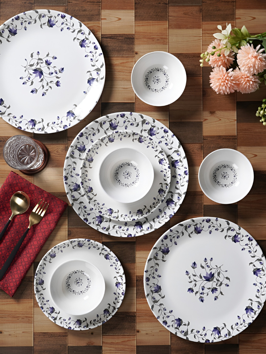 CDI White & Lavender 24 Pieces Printed Melamine Glossy Dinner Set