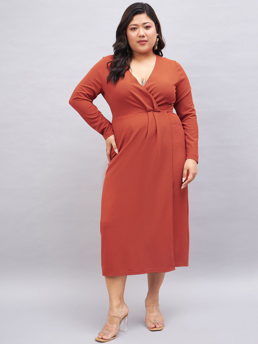 Orchid Blues Plus Size V-Neck Long Sleeves Gathered Wrap Midi Dress