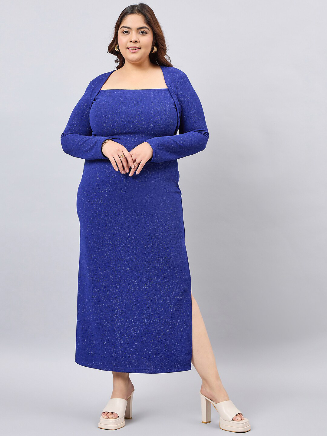 Orchid Blues Plus Size Square Neck Long Sleeves Bodycon Maxi Dress