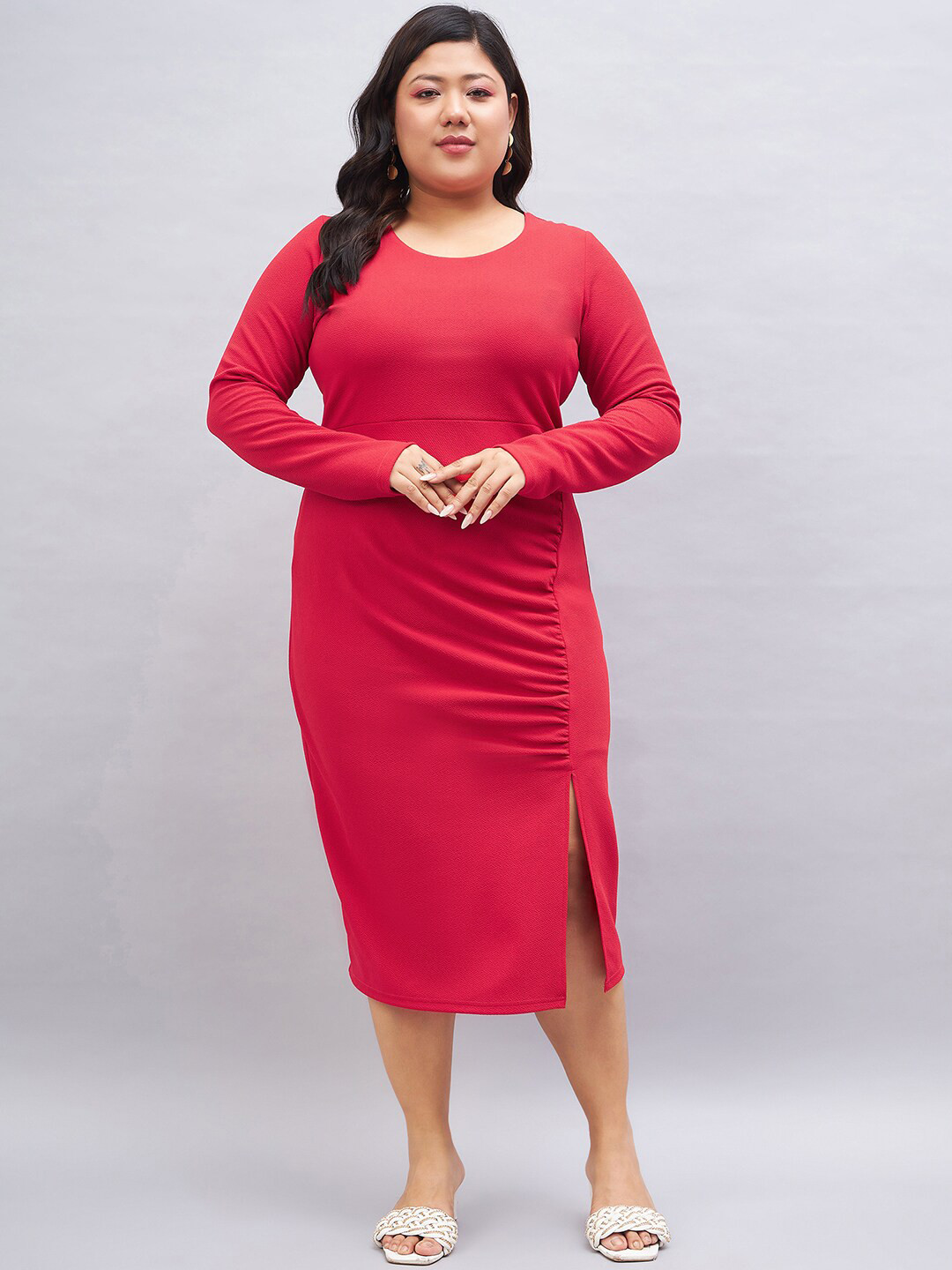 Orchid Blues Plus Size Round Neck Long Sleeves Ruched Sheath Midi Dress