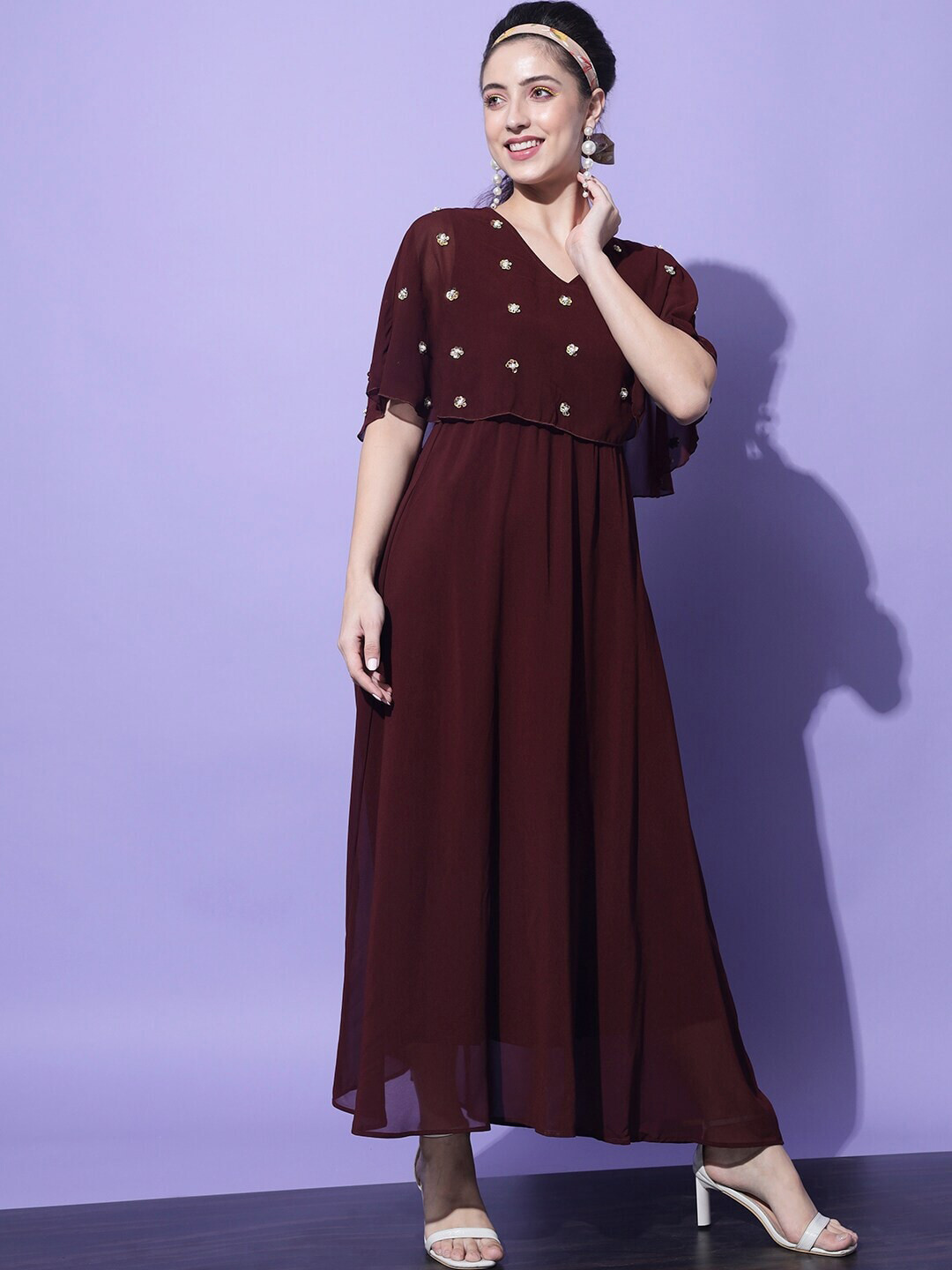 Maroon Embellished Georgette Maxi Dress with Flared Sleeves