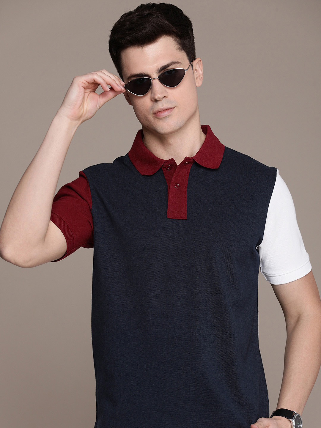 Burnt Umber Men Colourblocked Polo Collar T-shirt