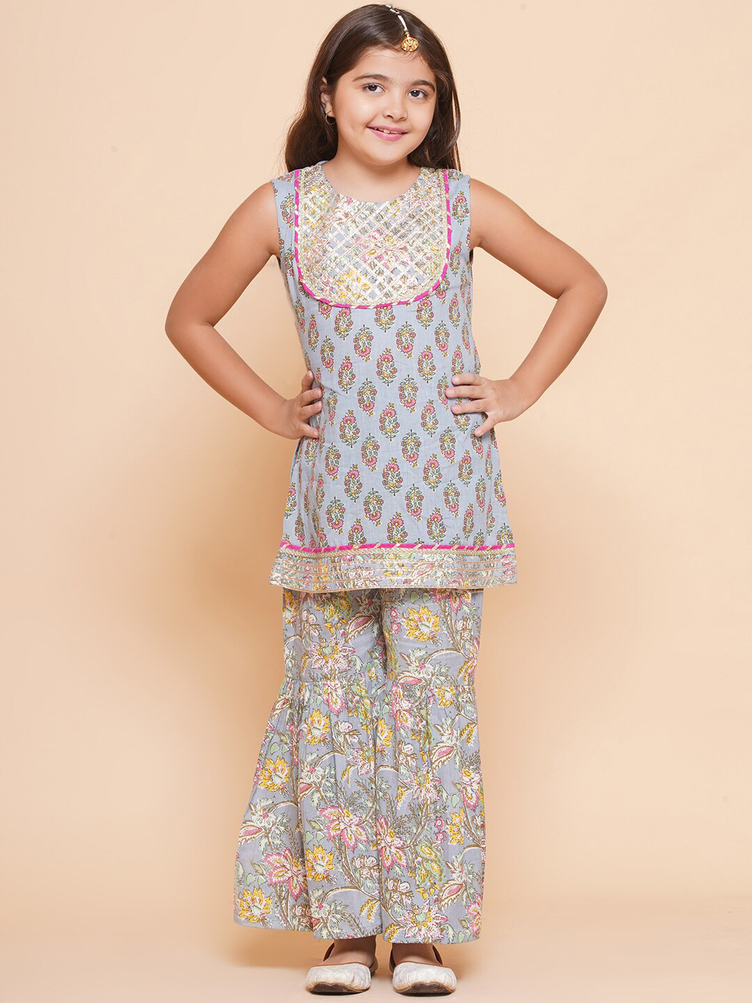 Bitiya by Bhama Girls Ethnic Motifs Printed Gotta Patti Pure Cotton Kurta With Sharara