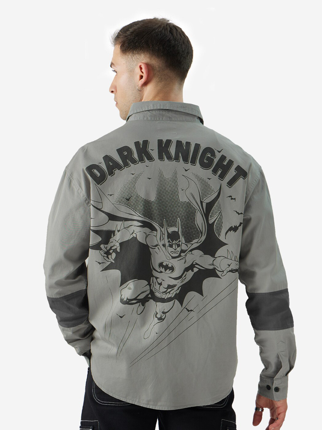 The Souled Store Grey & Black Batman Printed Pure Cotton Oversized Casual Shirt