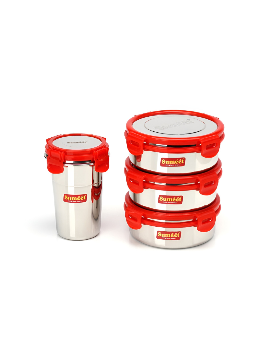 Sumeet Red Meal Solid Stainless Steel Dishwasher Safe 3PCs Lunch Box With Spoon and Fork