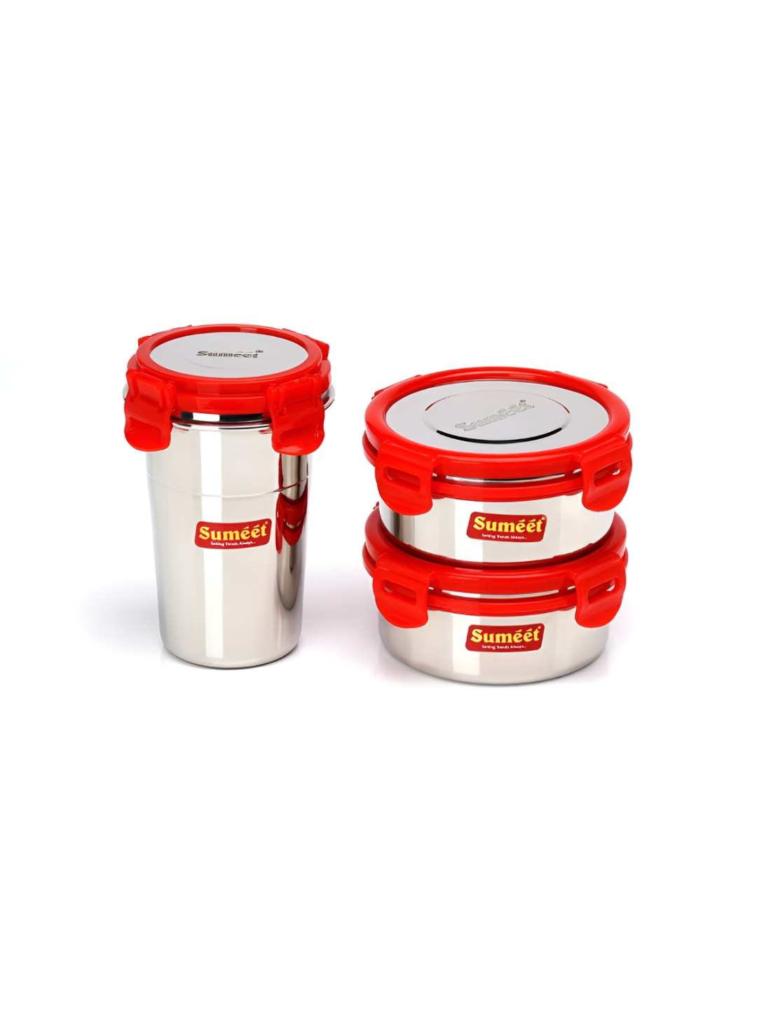 Sumeet Red Meal Solid Stainless Steel Dishwasher Safe 2PCs Lunch Box With Spoon and Fork