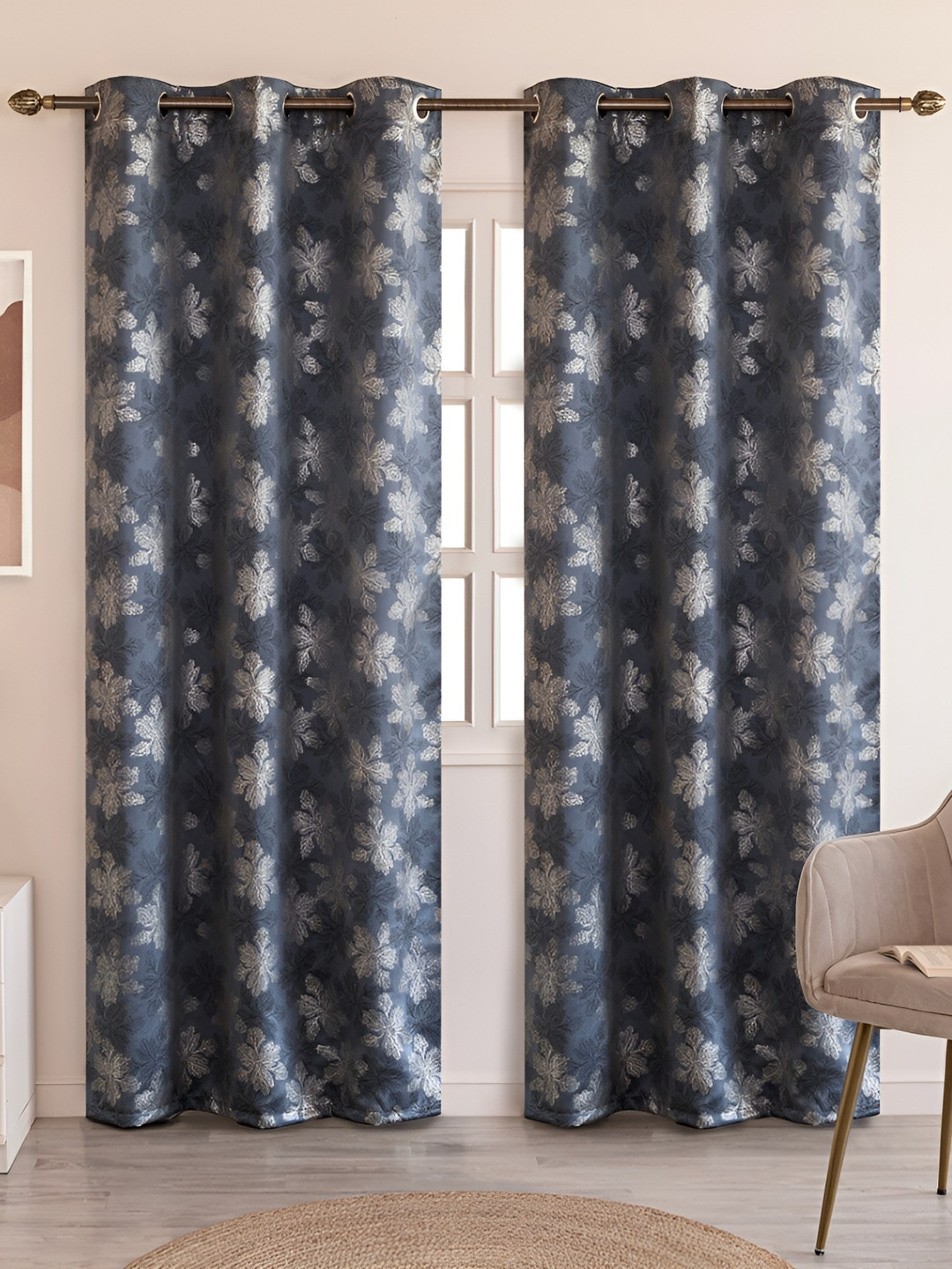 HOMEMONDE Grey & Silver Toned 2 Pieces Floral Printed Black Out Window Curtains