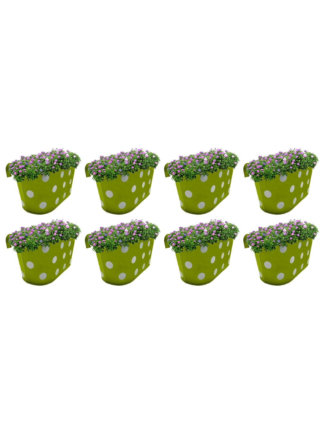 Garden Deco 8 Pieces Green & White Polka Dots Printed Double Hook Metal Planters