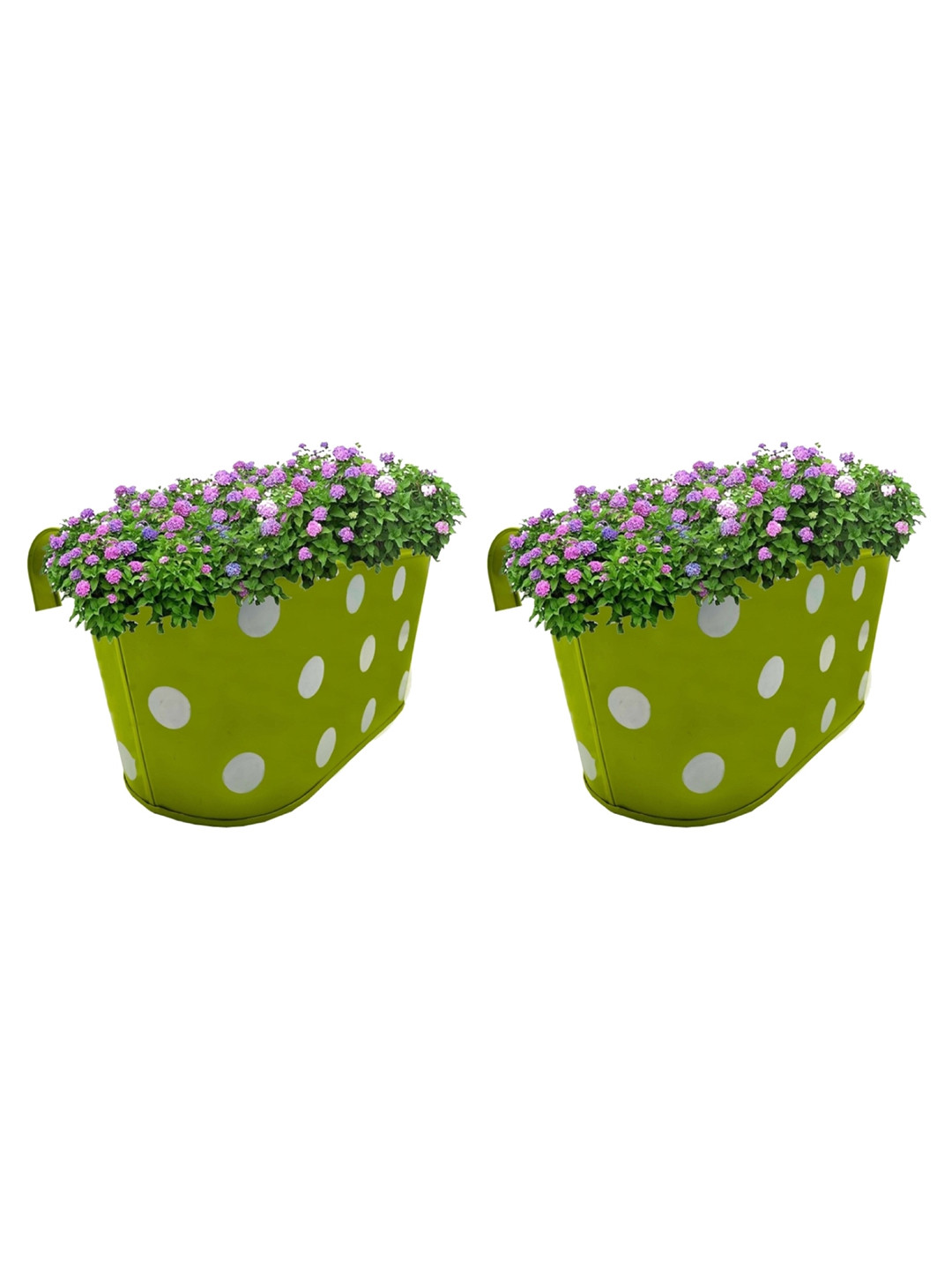Garden Deco 2 Pieces Green & White Polka Dots Printed Double Hook Metal Planters