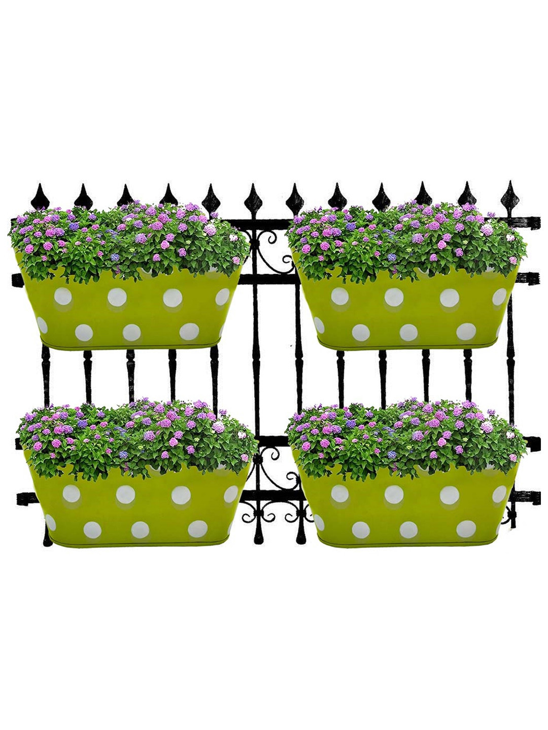 Garden Deco 4 Pieces Green & White Polka Dots Printed Double Hook Metal Planters