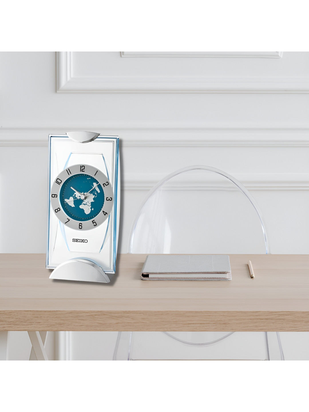SEIKO Blue & Silver-Toned Contemporary Analogue Table Clock